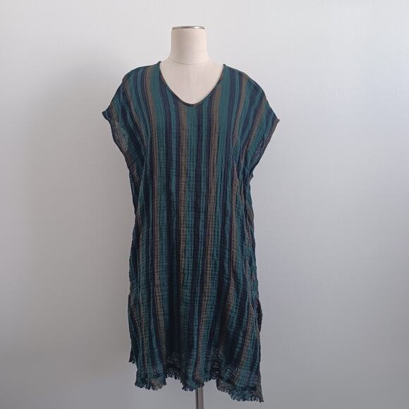 Eileen Fisher Dress Women M Green Striped Gauzy Casual Minimalist V Neck Coastal - Picture 1 of 9